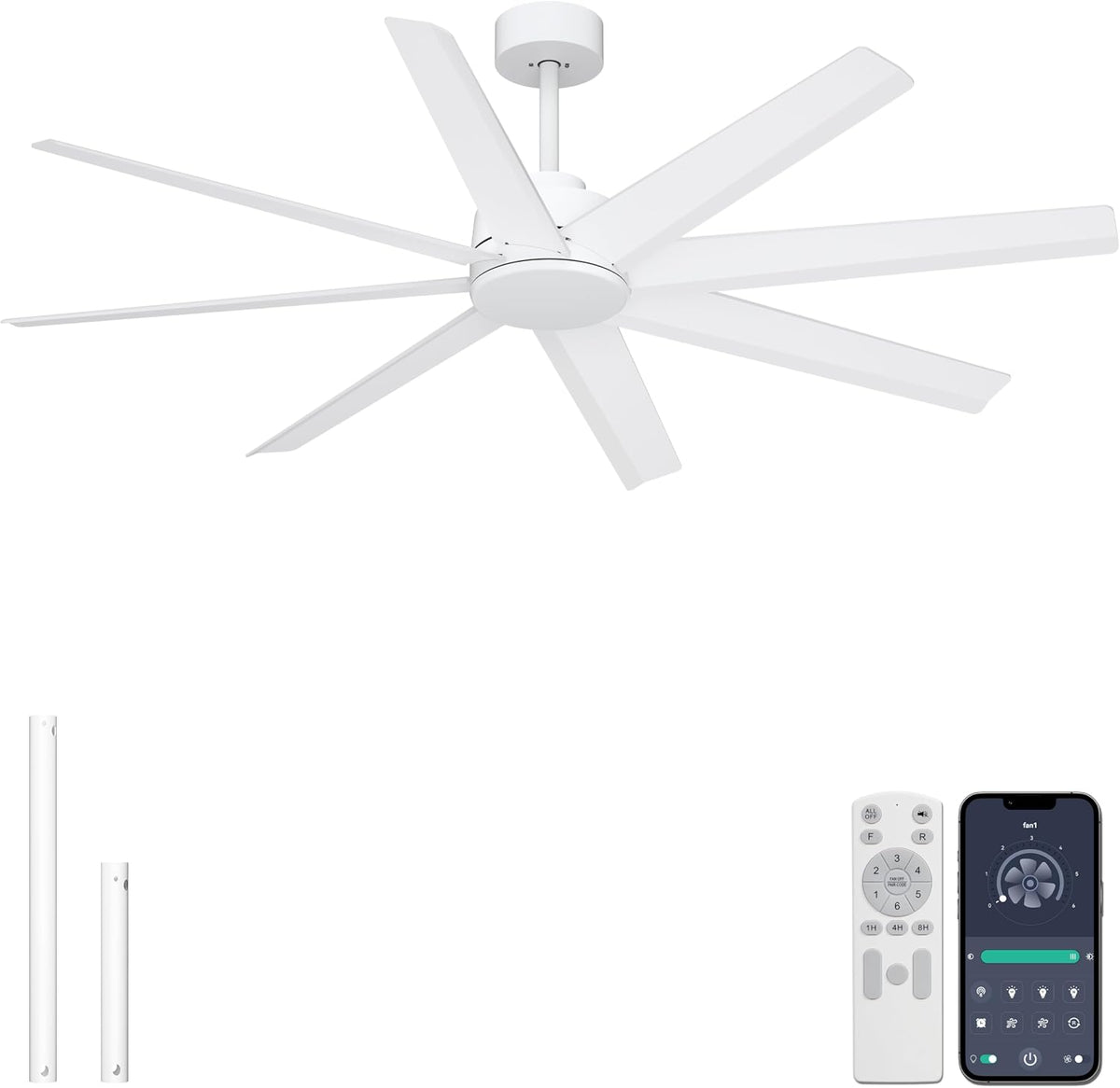 White eight-blade ceiling fan shown without the light active, flat central cap, two short white downrods and remote with