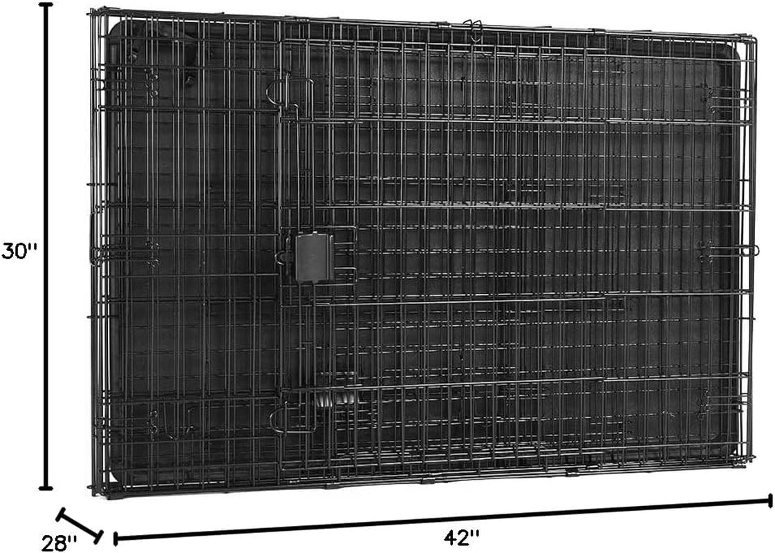 Folded crate shown flat with dimension overlay indicating 42 inches wide and 30 inches high in black wire