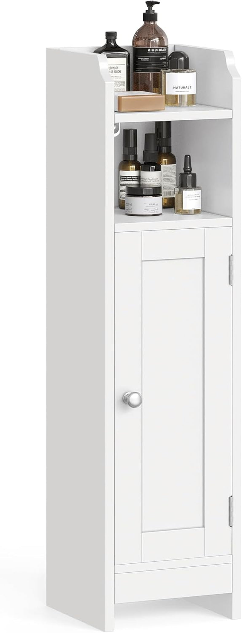Tall white corner bathroom cabinet angled front view showing two open shelves and a closed door.