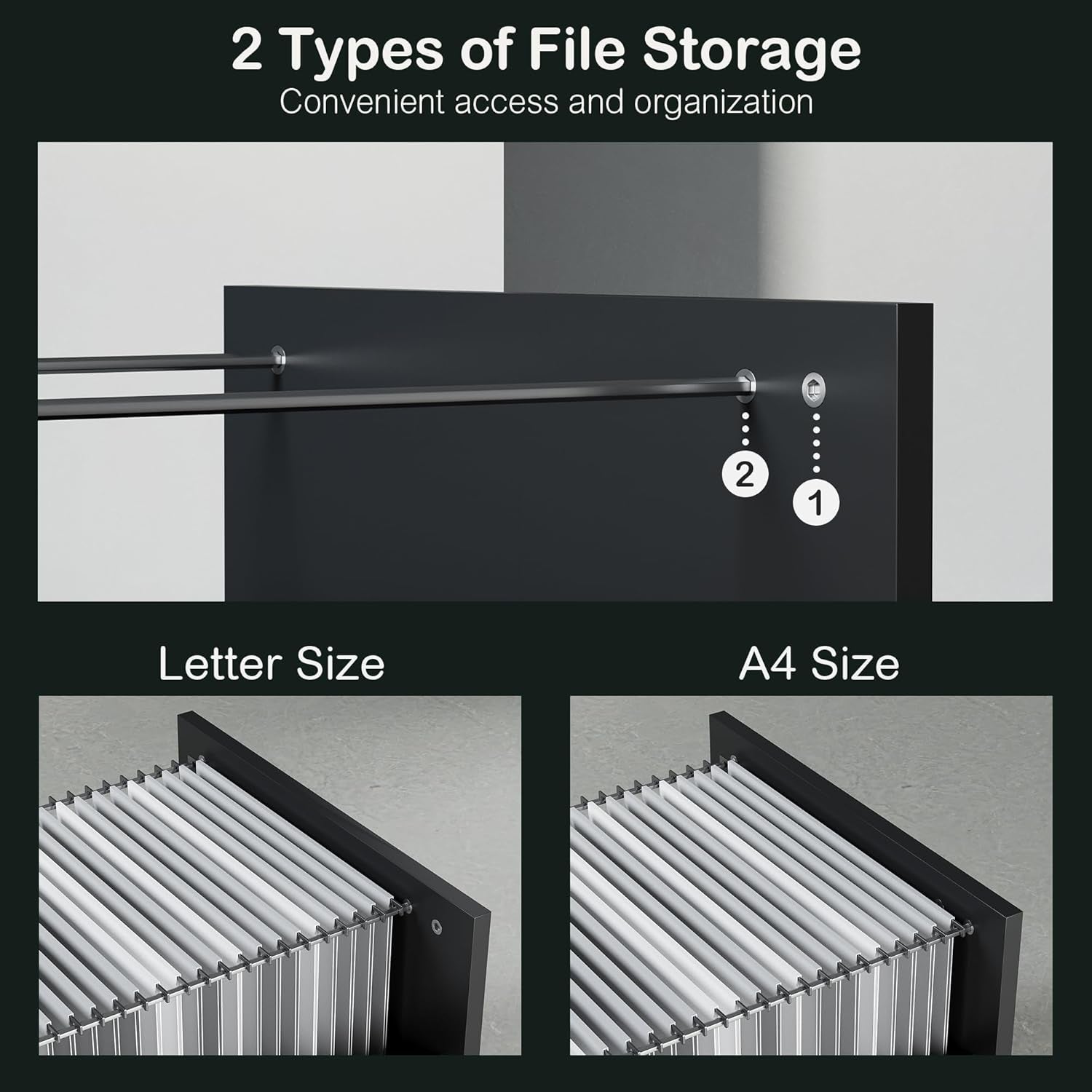 Graphic comparing two types of file storage with letter-size and A4 hanging file illustrations
