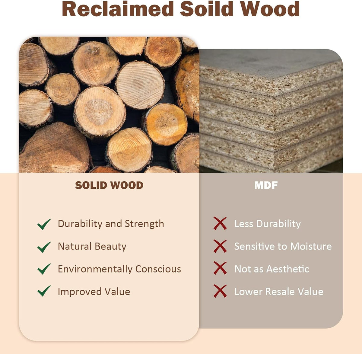 Graphic comparing solid wood benefits to MDF with stacked logs and layered board illustrations