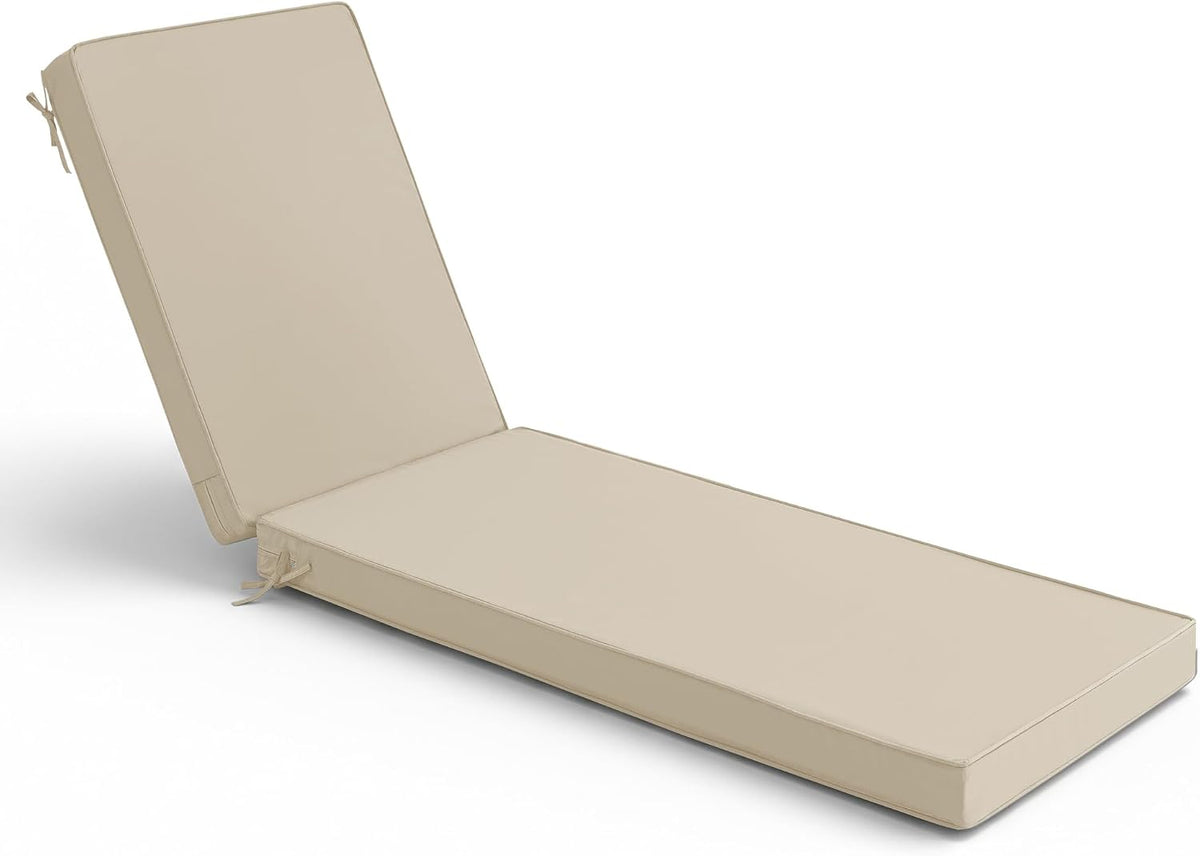 Side-angle view of a light beige chaise lounge cushion with tied straps and two-panel backrest.