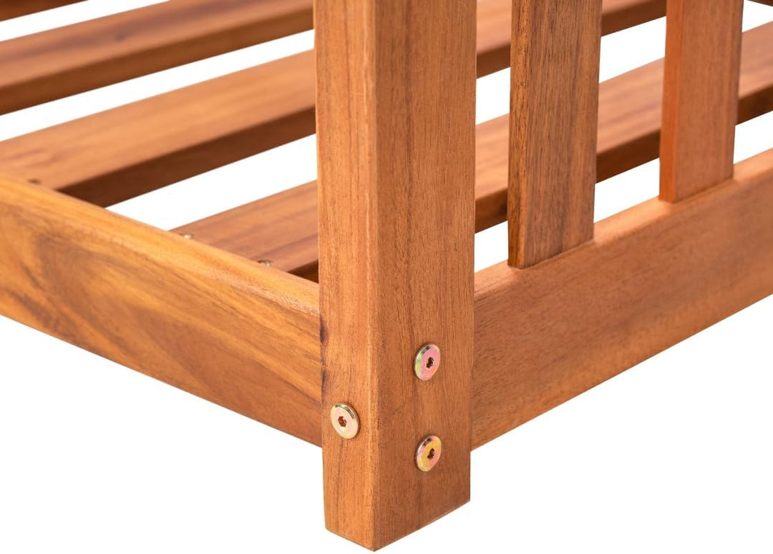 Close-up of swing corner post showing acacia wood grain and metal fasteners