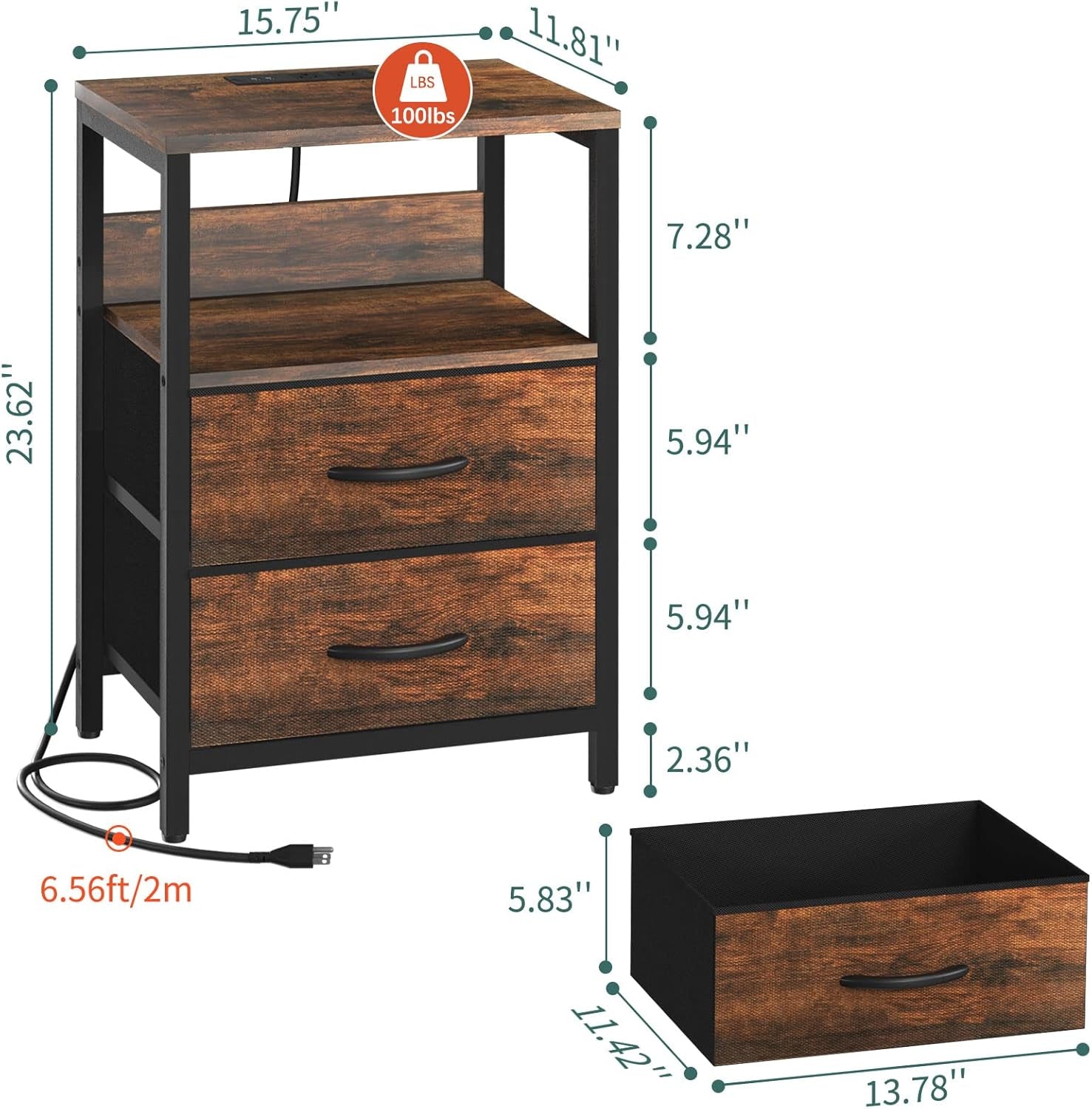Front three-quarter view of the nightstand with measurement callouts and power cord visible.