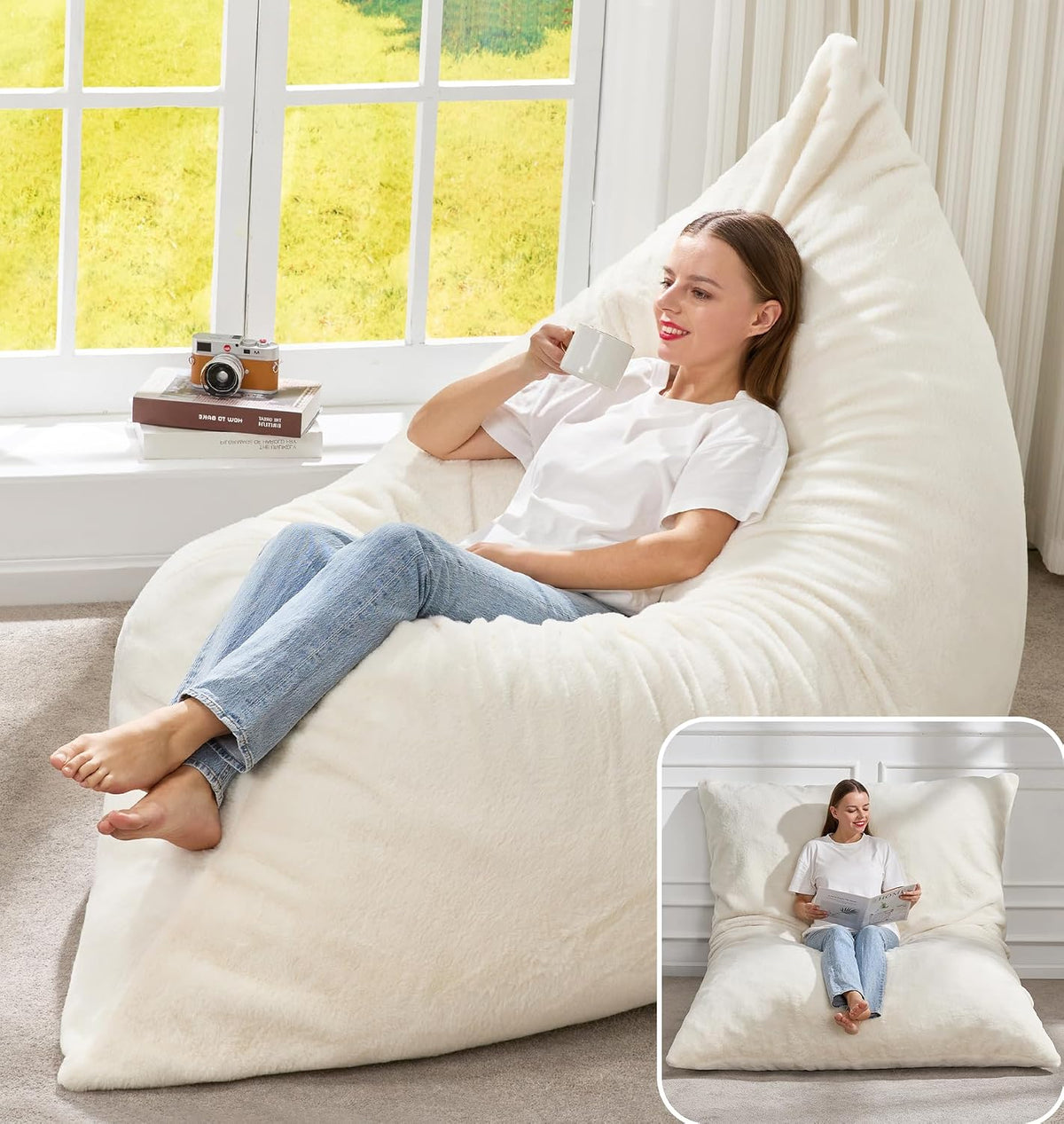 Cream large beanbag lounger with a woman reclining and holding a mug by a sunlit window