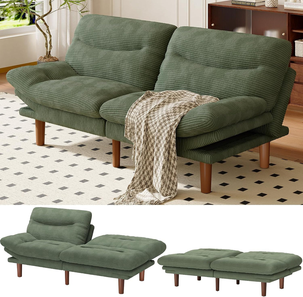 Green corduroy futon shown in upright sofa and flat positions side by side against a living room backdrop.