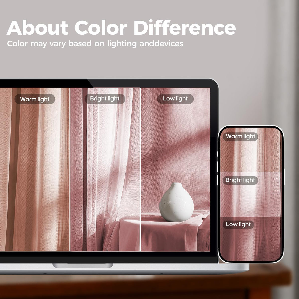 Curtain panels shown under varied lighting on a laptop and phone display illustrating color differences in three lightings.
