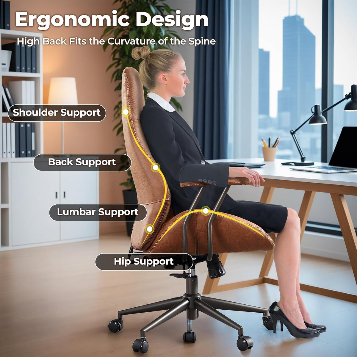 Ergonomic side diagram labeling shoulder support, back support, lumbar support and hip support on the high-back chair