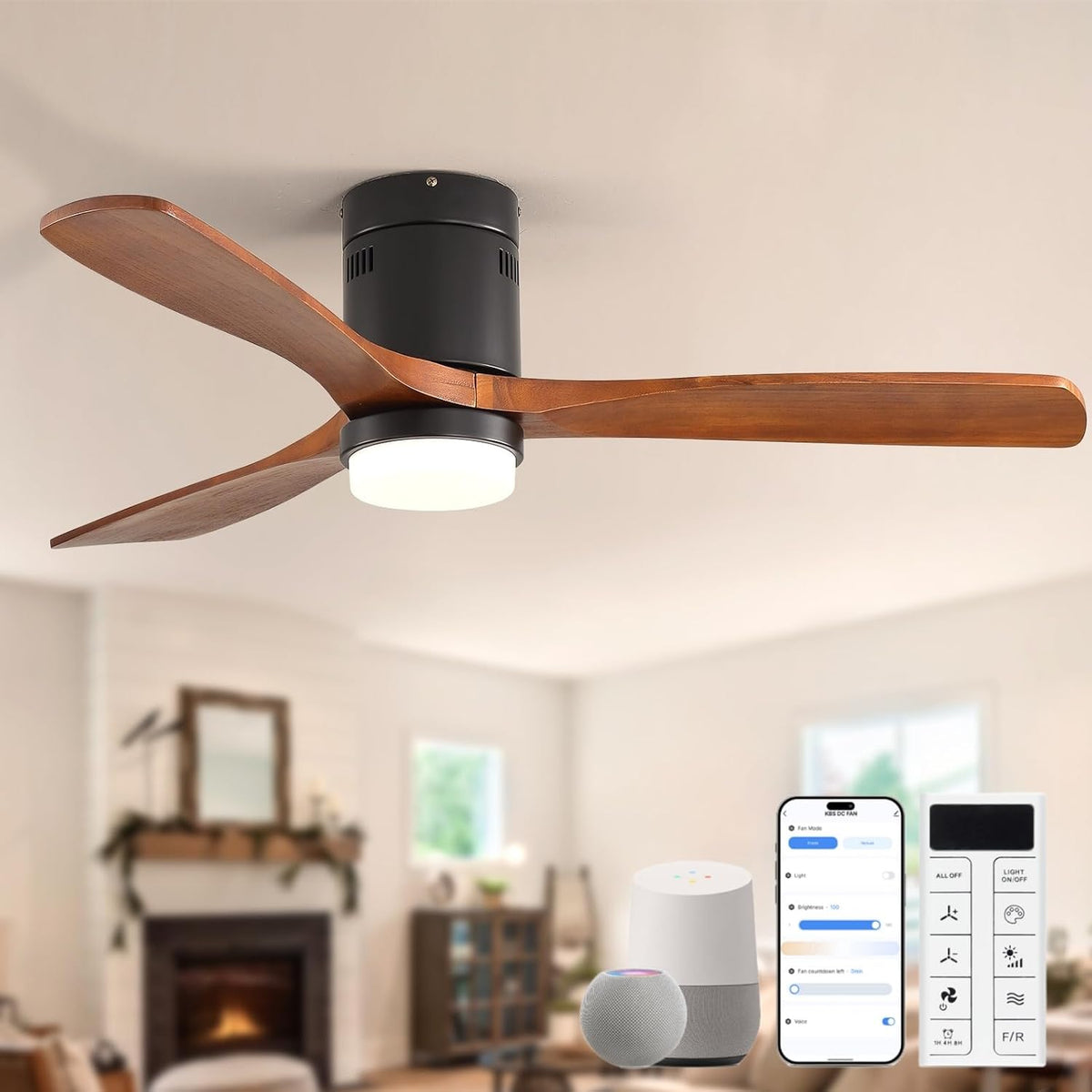 Dark wood‑blade fan with black motor shown in a living room with phone, smart speaker and remote icons.