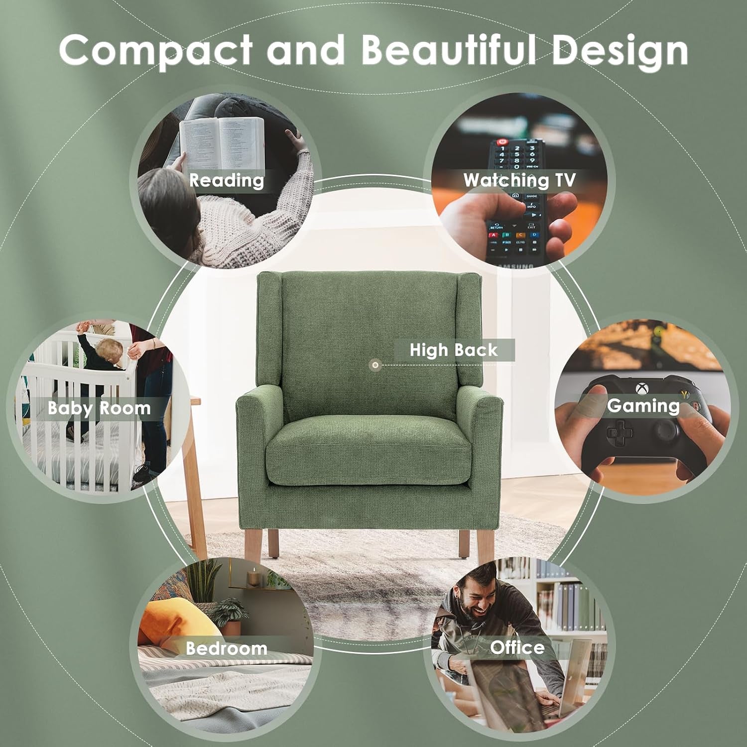 Front view of a single green wingback accent chair centered on a muted green background