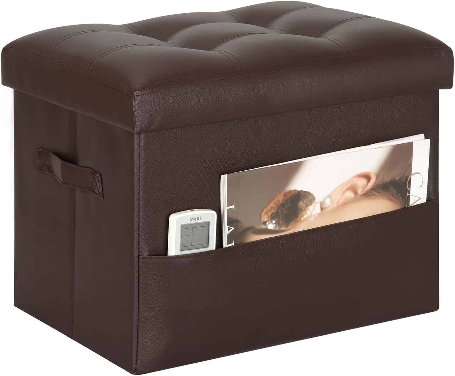 Brown tufted PU leather storage ottoman with side pocket and handle close-up