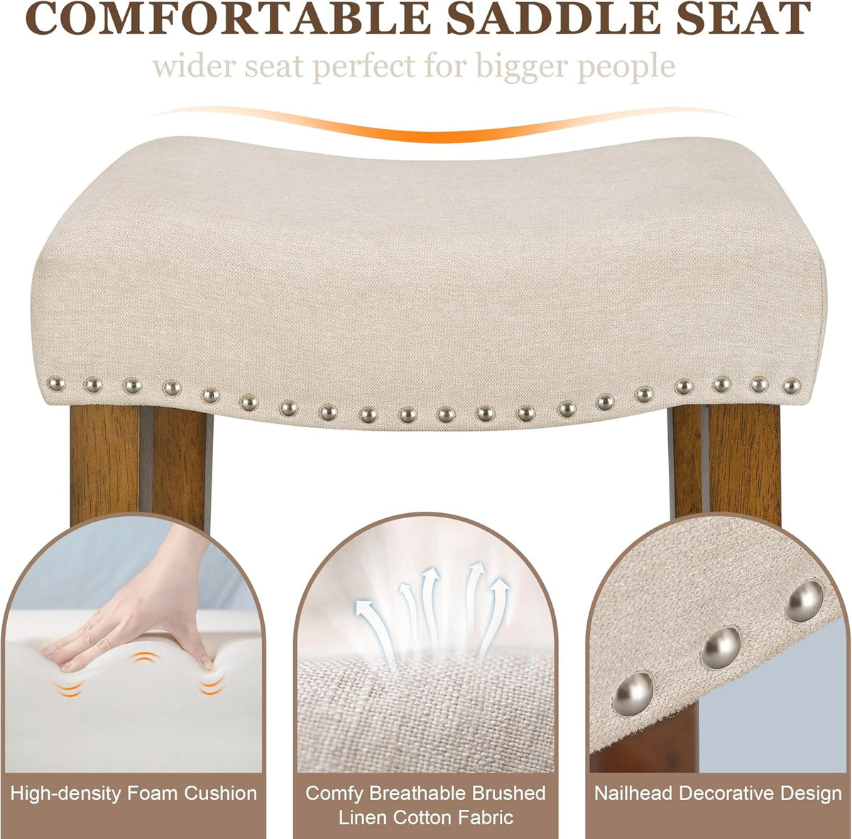 Close-up of beige saddle seat showing linen-cotton texture, visible nailhead trim and icons for foam cushion and breathabilll