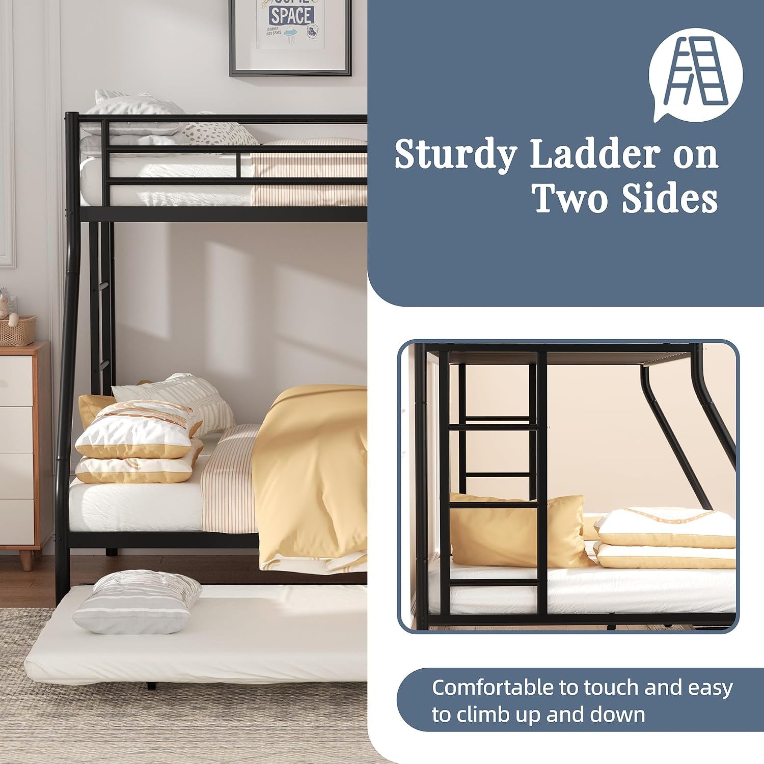 Close-up of the bunk bed's left side showing ladder, guardrail and pulled trundle with inset ladder detail.