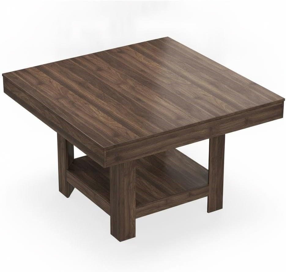 Dark walnut square dining table angled product shot on a white background highlighting lower shelf and legs