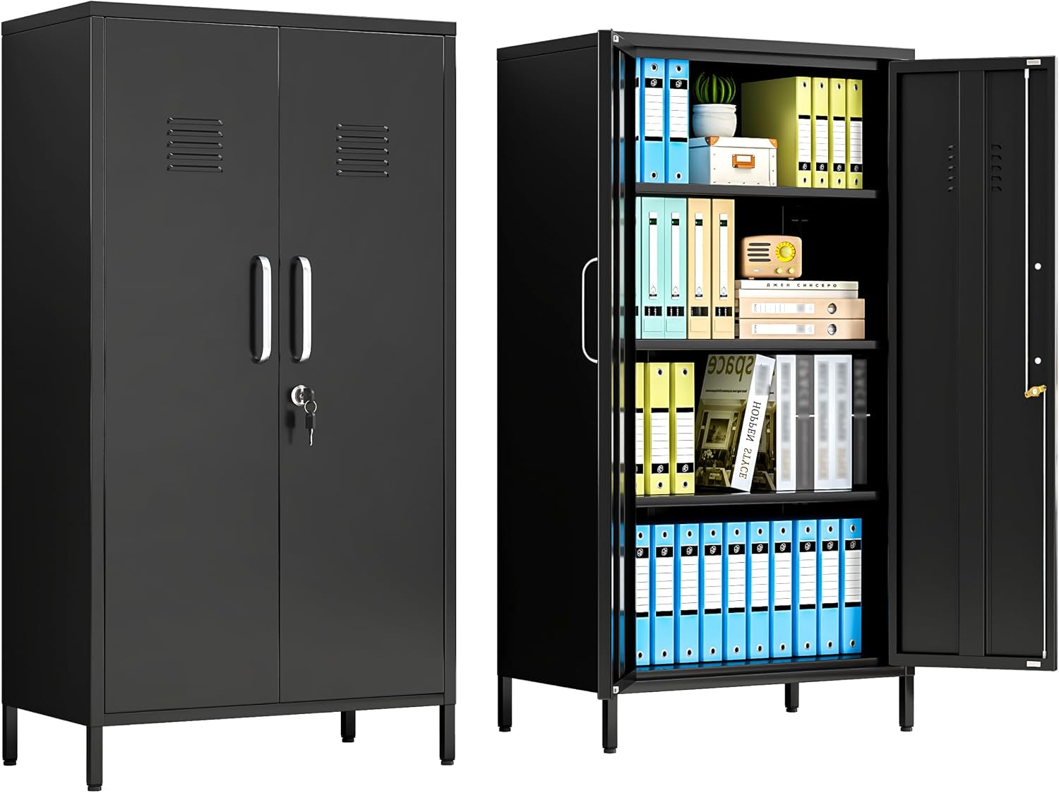 Pair of black double-door cabinets; right unit open showing four shelves packed with blue binders and office items