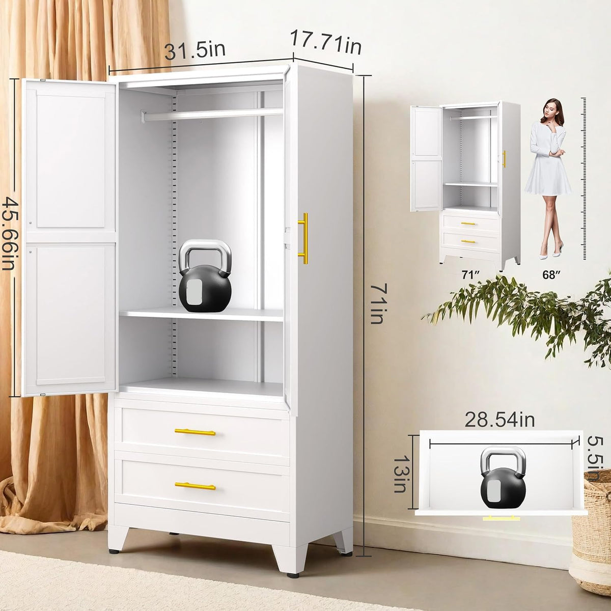 White wardrobe cabinet with dimensional callouts showing 71in height, 31.5in width and 17.71in depth on a neutral background.