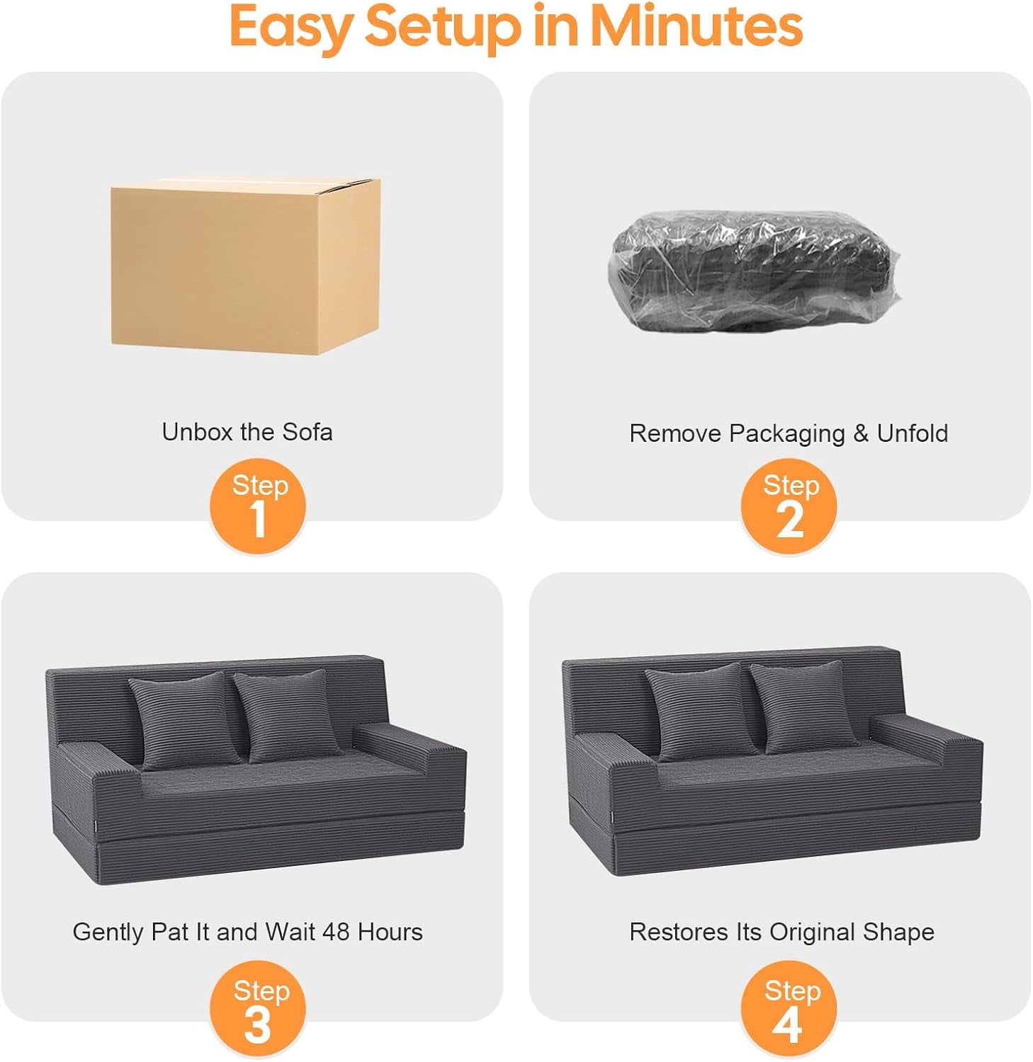 Four-panel setup sequence showing a box, wrapped sofa, then the sofa fluffed to restore shape