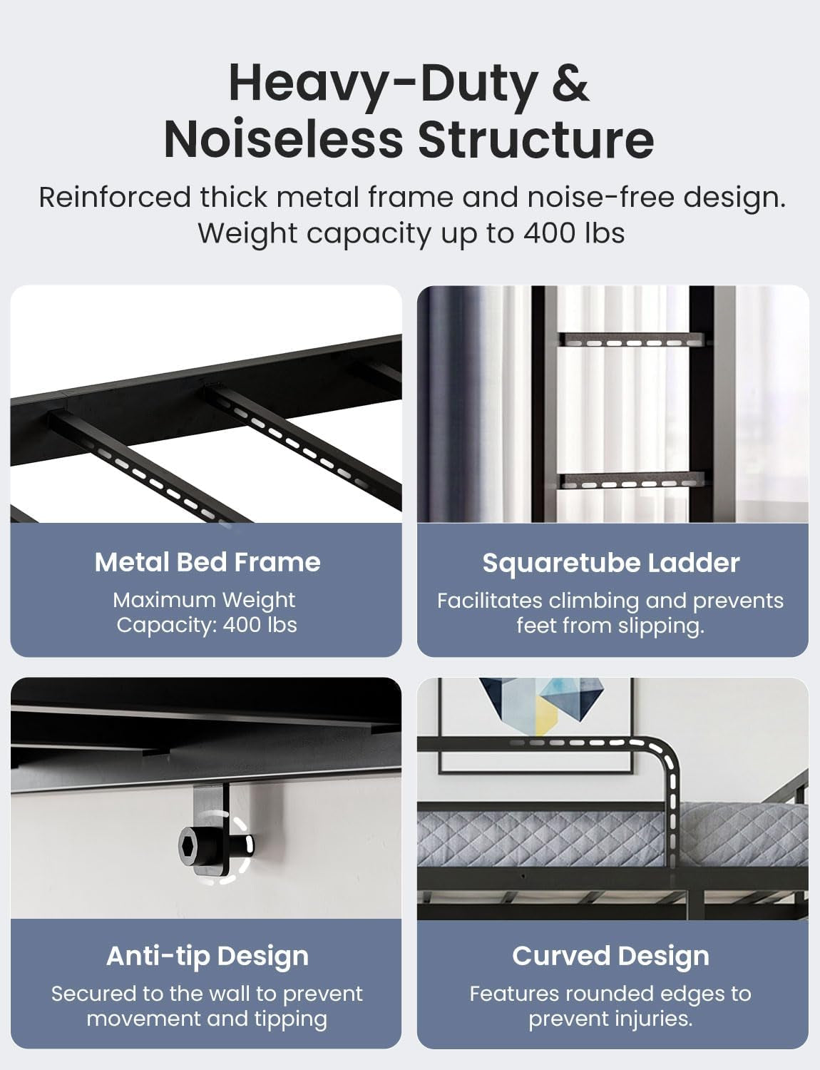 Four close-up panels showing metal bed slats, a square-tube ladder, anti-tip wall bolt and a curved guardrail detail.