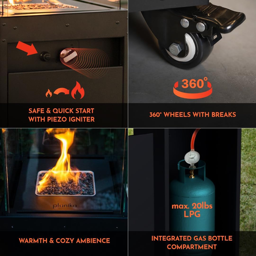Four close-up panels: piezo igniter, caster wheel, burning flame in the burner, and a small LPG cylinder in the compartment.