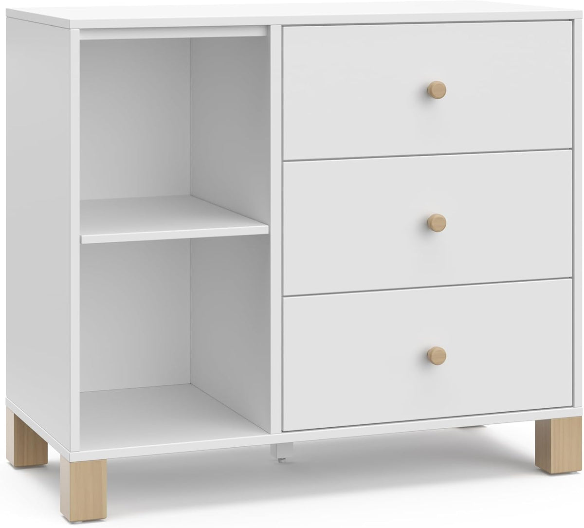 Front view of a compact dresser with three drawers on the right and open two-shelf cubby on the left, white finish.