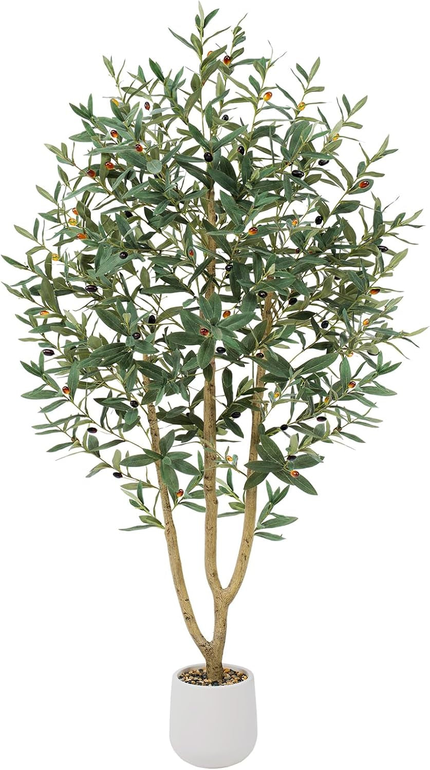 Multi-stem faux tree with narrow leaves and small dark berries in a white rounded pot on white background