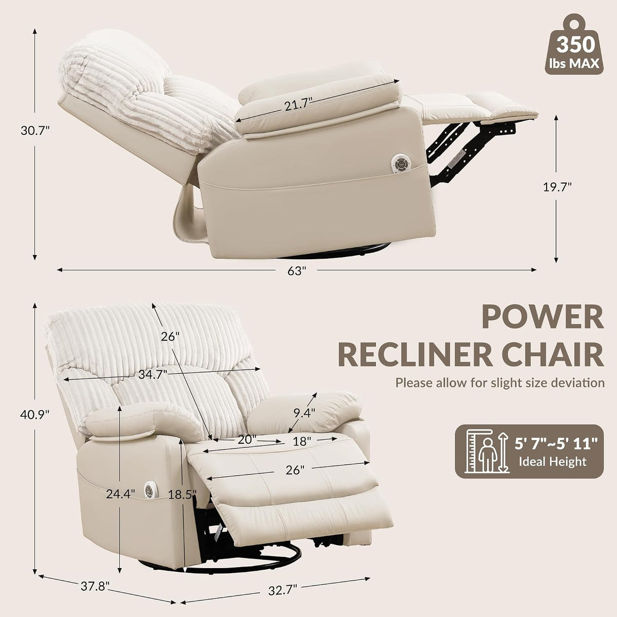 Side profile of ivory recliner with measurement overlays showing recline and height dimensions and extended footrest