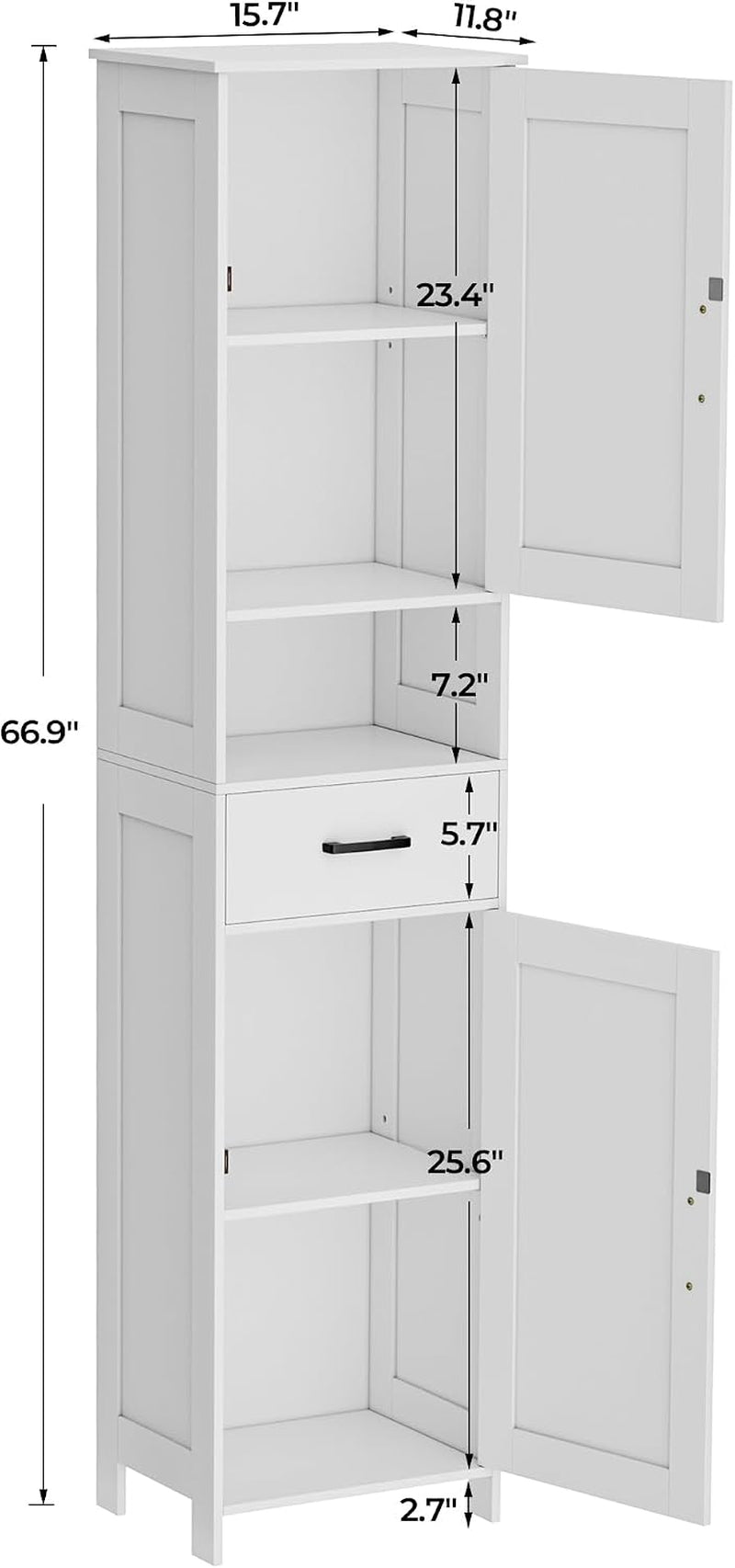 Tall cabinet diagram with dimensions 15.7"W x 11.8"D x 66.9"H and interior shelf spacing callouts
