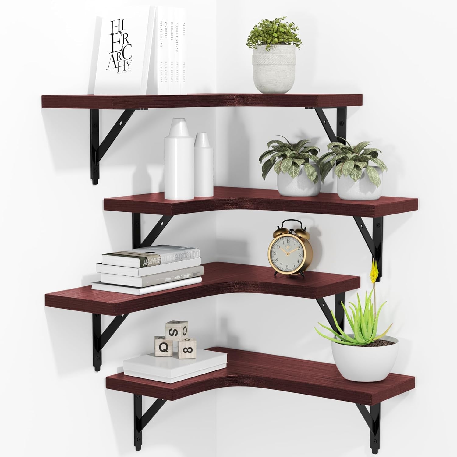 Close view of four dark reddish-brown corner shelves with black brackets and decorative items.