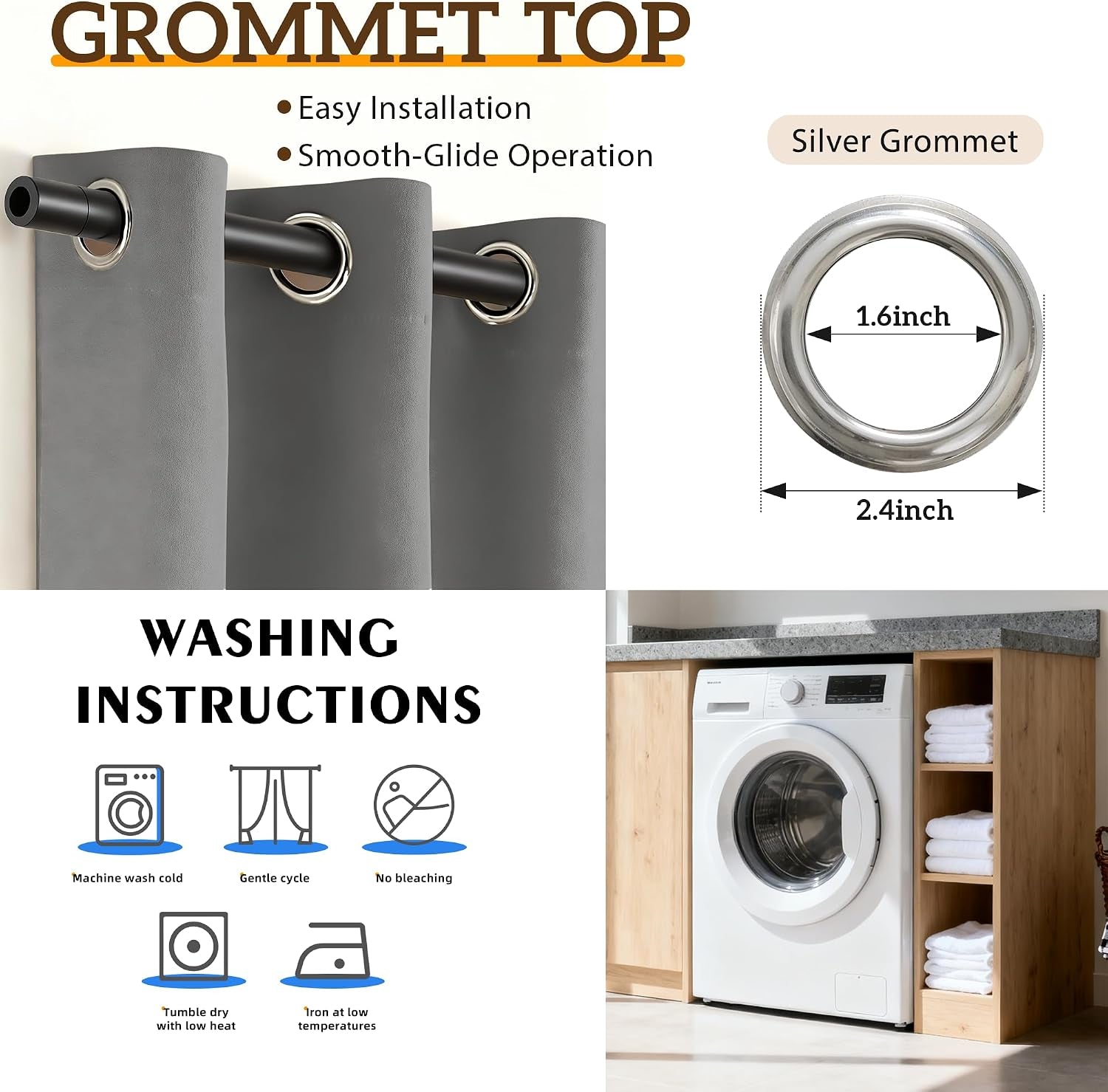 Silver metal grommet close-up with dimensions alongside washing icons for machine wash cold and gentle cycle.