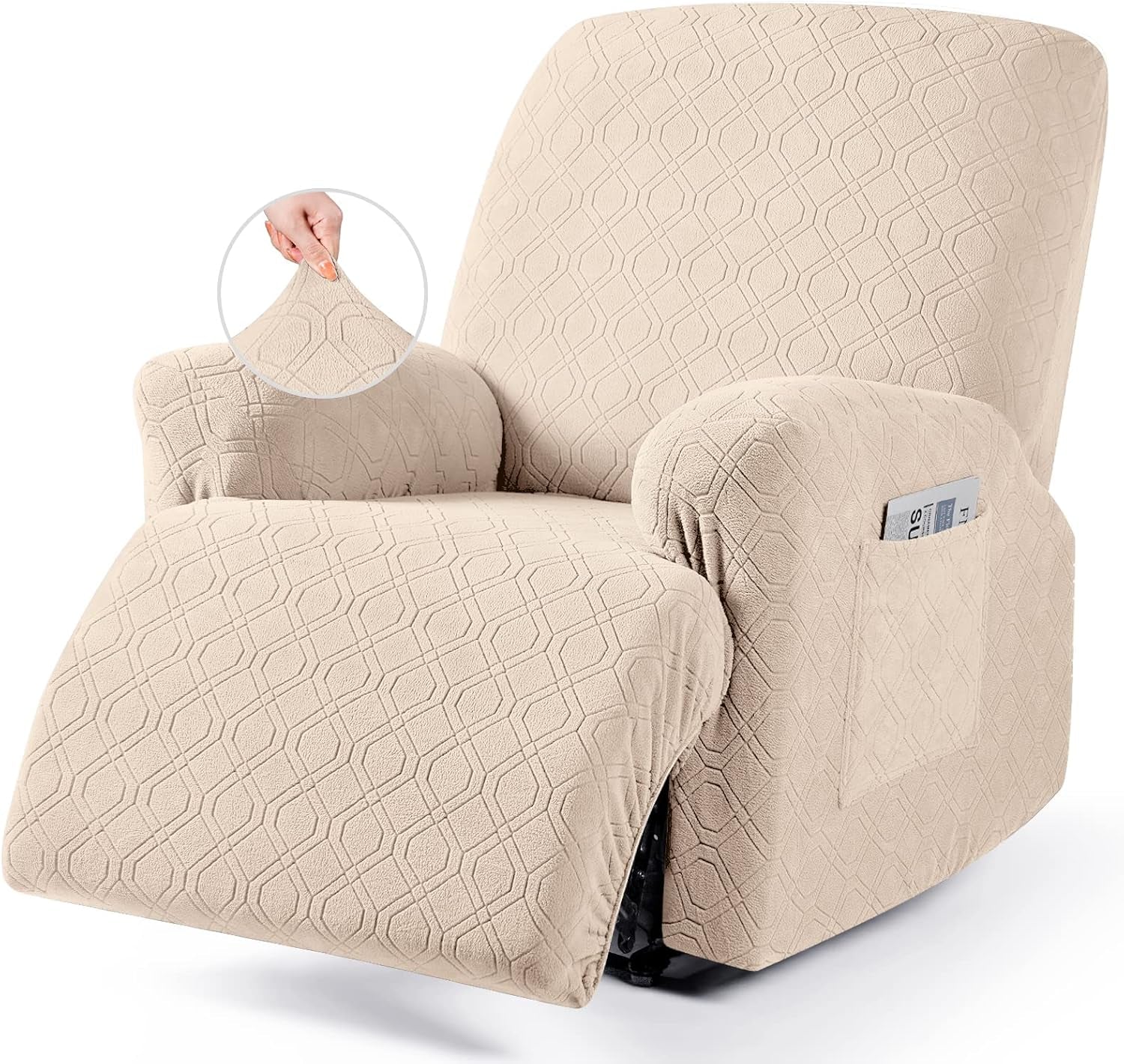 Single recliner chair draped in textured beige cover with pocket on arm and footrest down