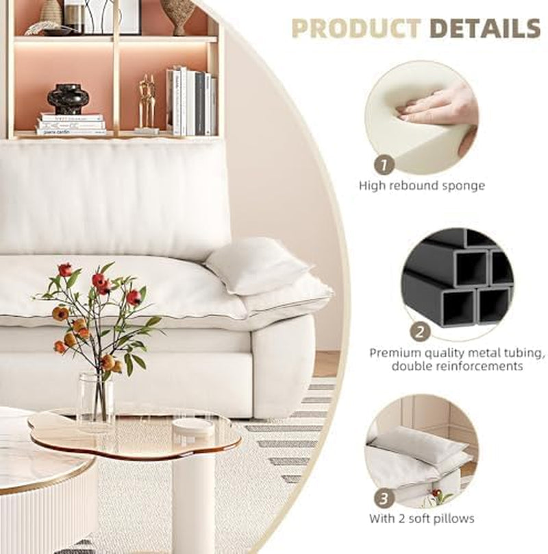 Close-up of sofa corner highlighting fabric texture, cushion and metal tubing callouts