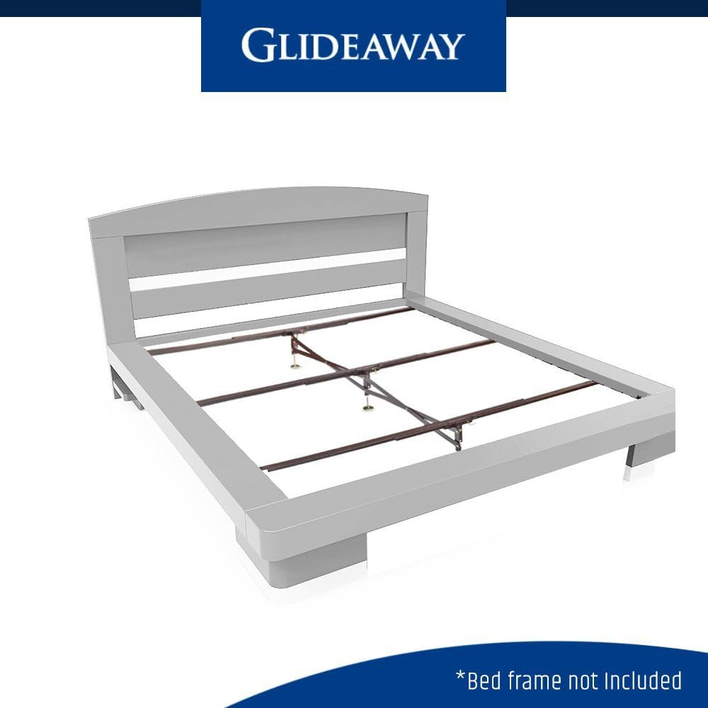 Center support system installed inside a white platform bed frame, top-down perspective showing cross rails and adjustableleg
