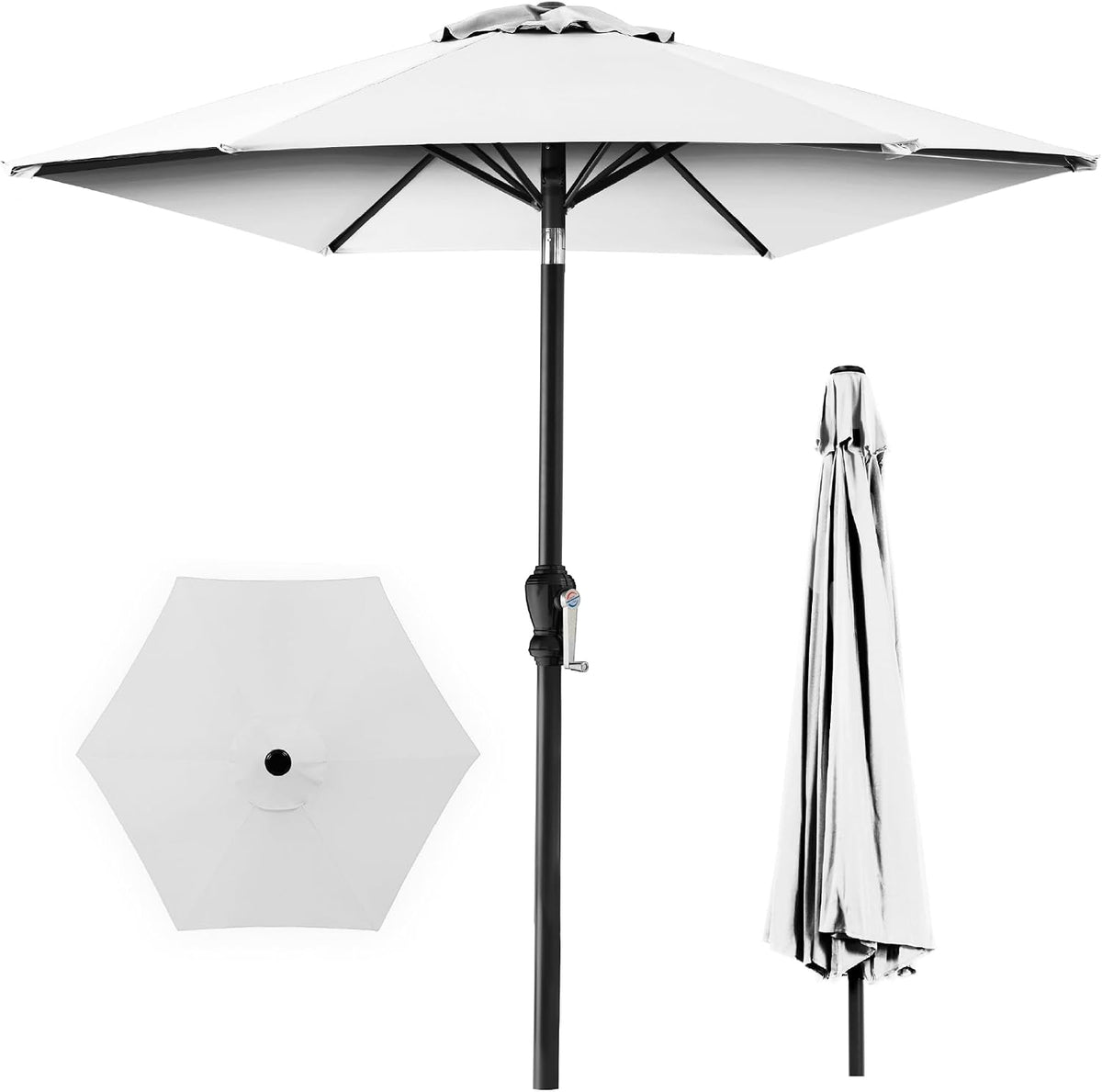 White umbrella shown open on a black pole with top-down inset and folded canopy at right