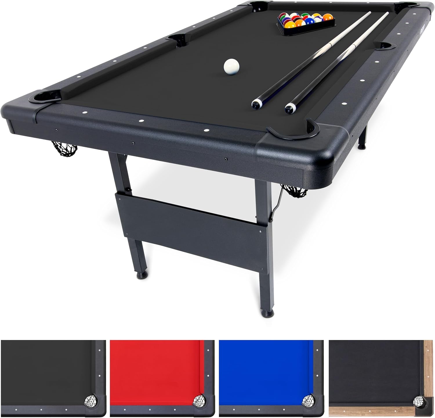 Angled view of a pool table with black felt and black rails, two cues and a single white cue ball on the table