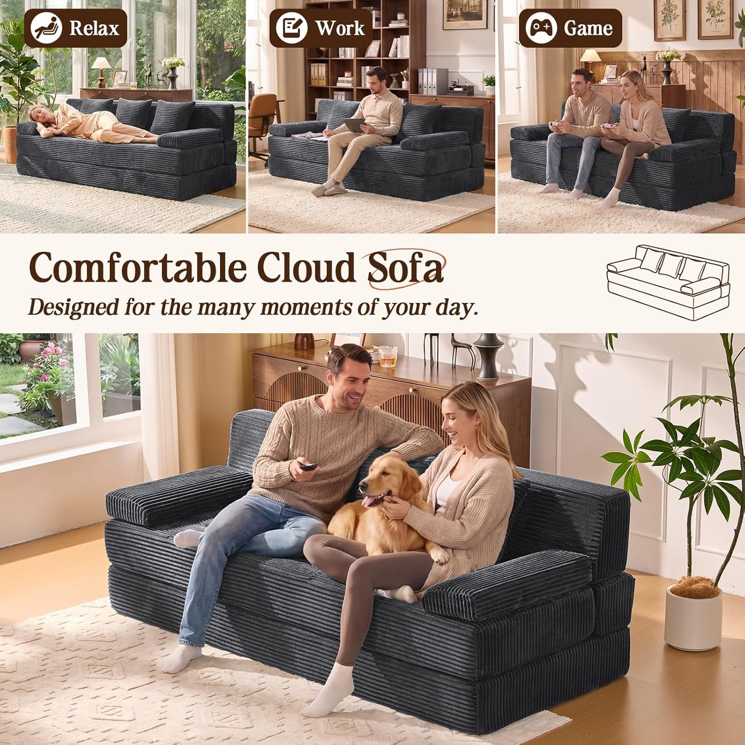 Lifestyle images showing the sofa in sofa and bed configurations with people relaxing and playing games