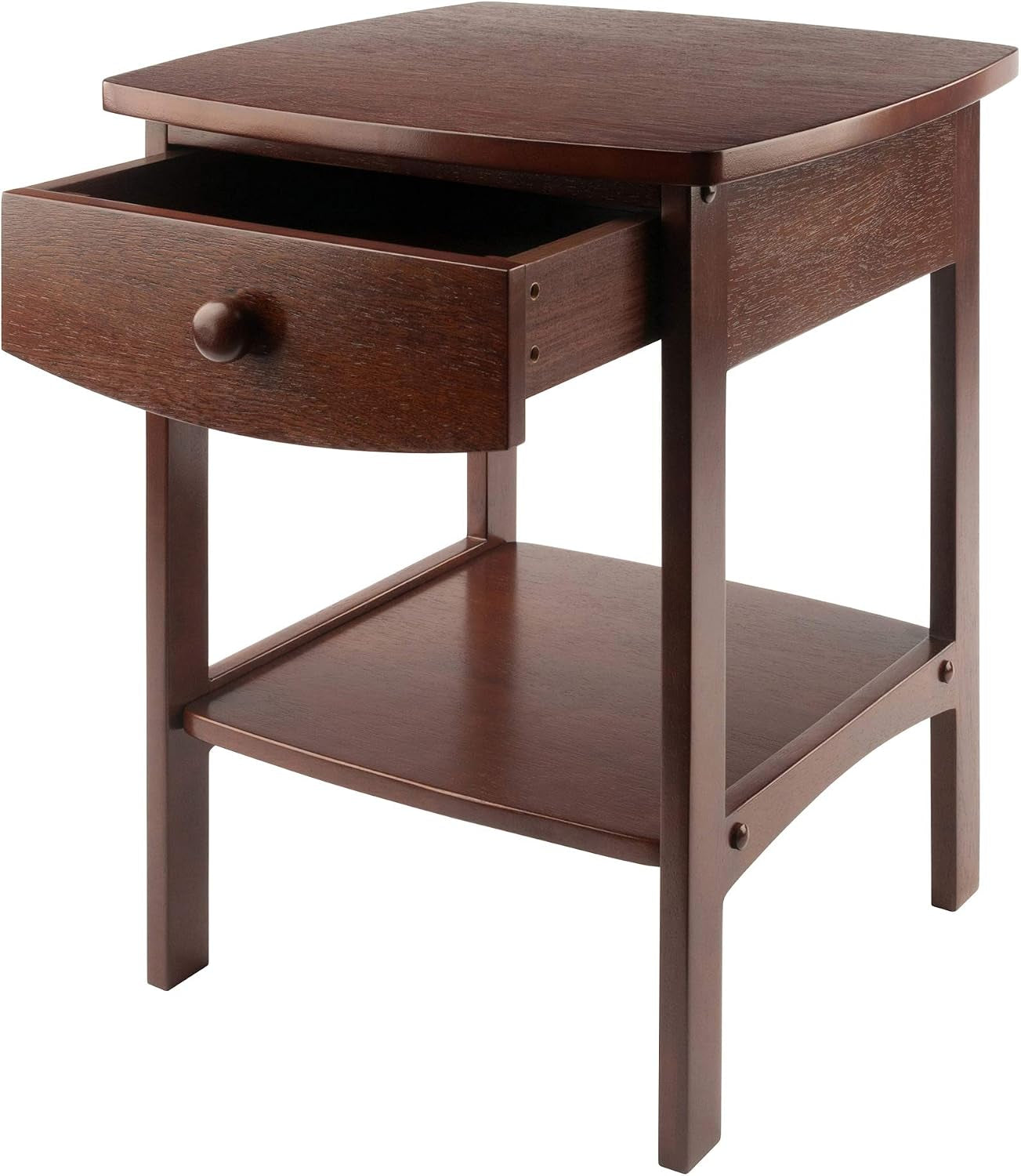 Close-up three-quarter view of the end table with its drawer pulled open, showing drawer interior and round wooden knob.