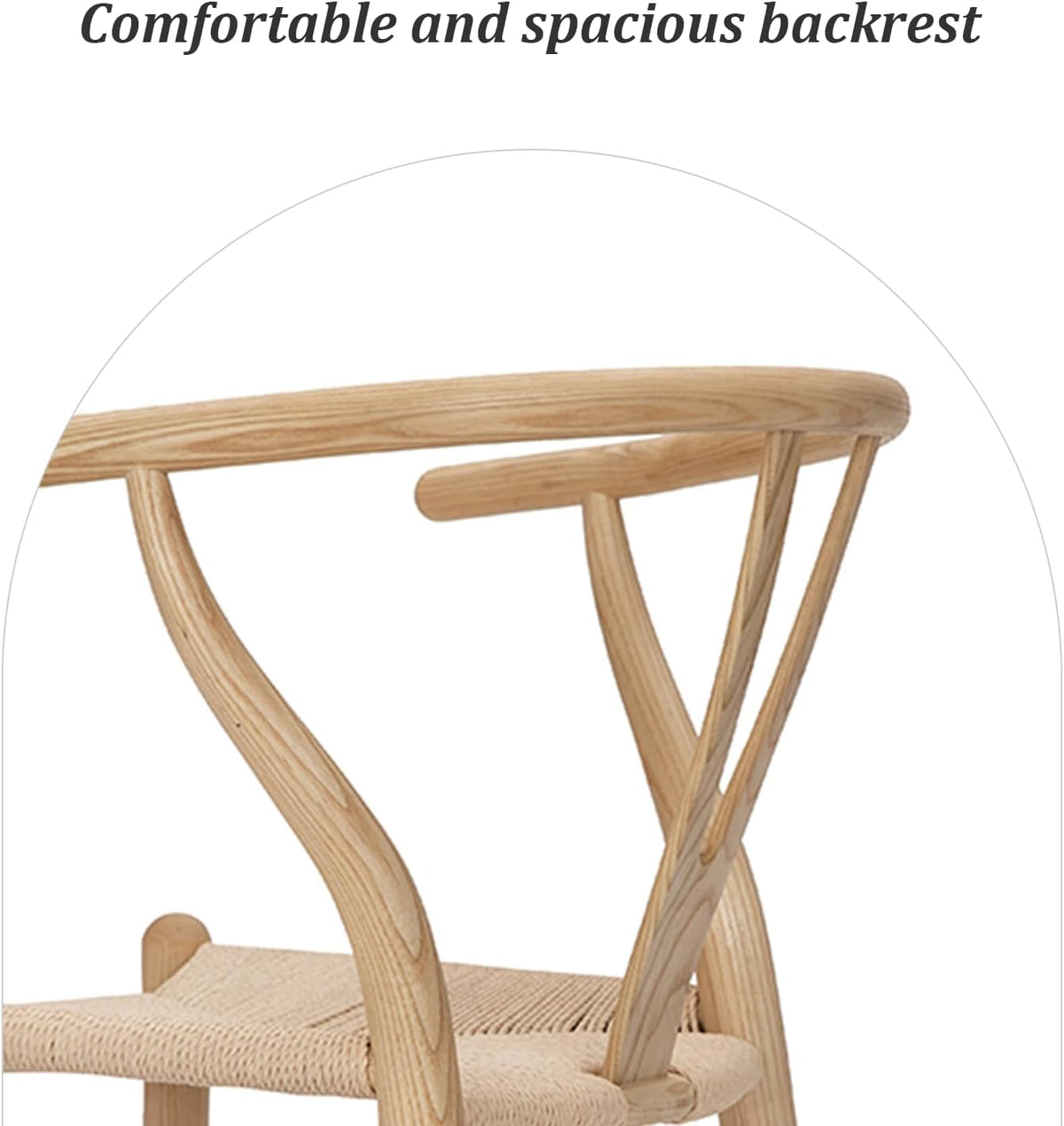 Close-up of the curved Y-shaped wooden backrest and arm detail in a natural ash finish