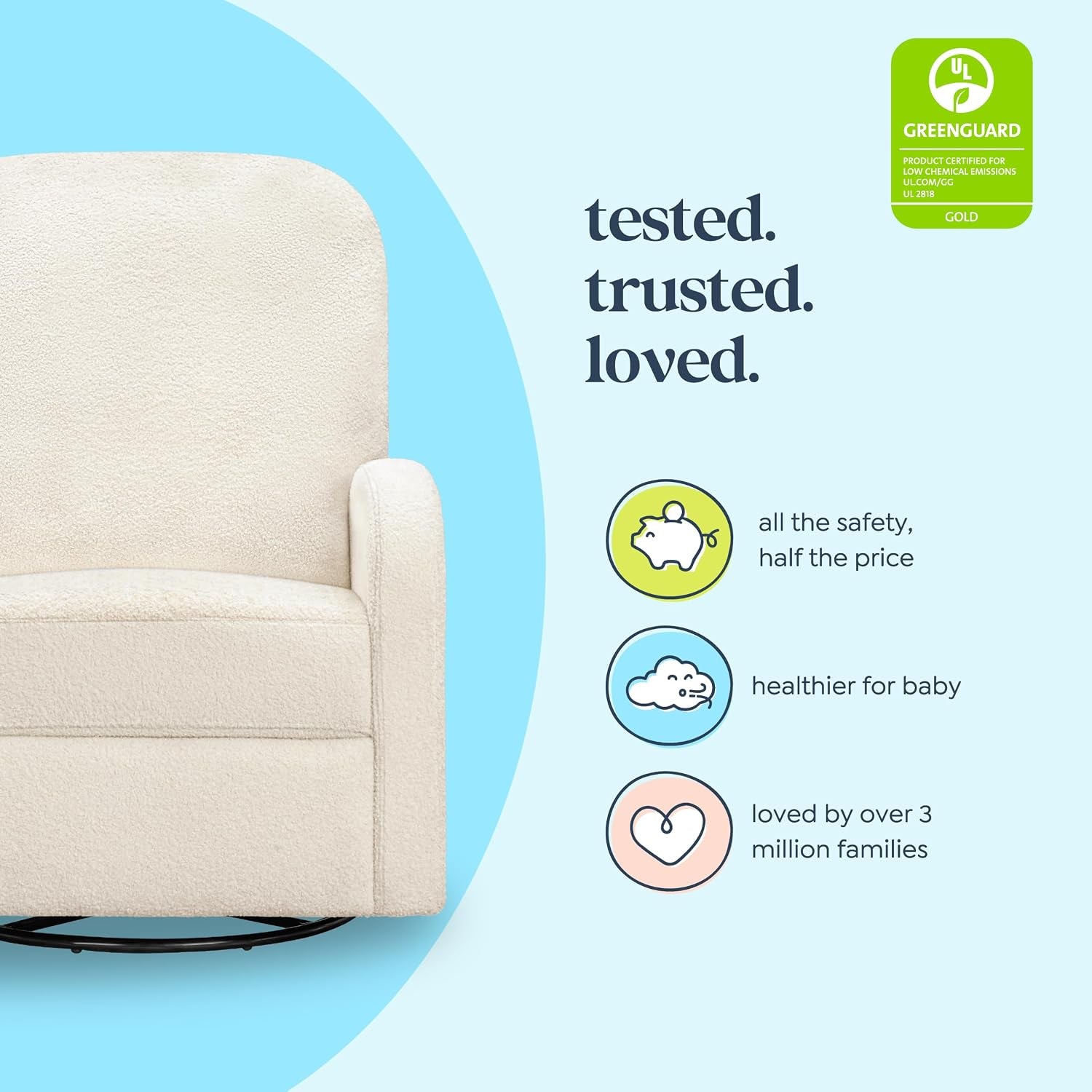 Close crop of left side of cream recliner with icons and badge on a blue background