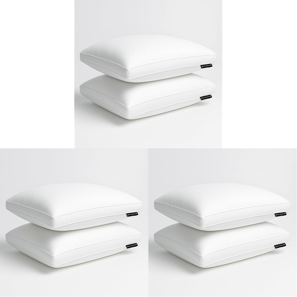 Composite studio image showing three stacked arrangements of white pillows on a plain white background.