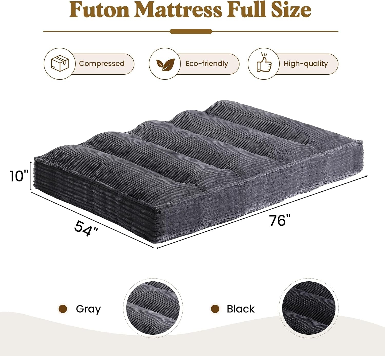 Grey folded futon mattress lying flat with dimensions 54" × 76" × 10" shown