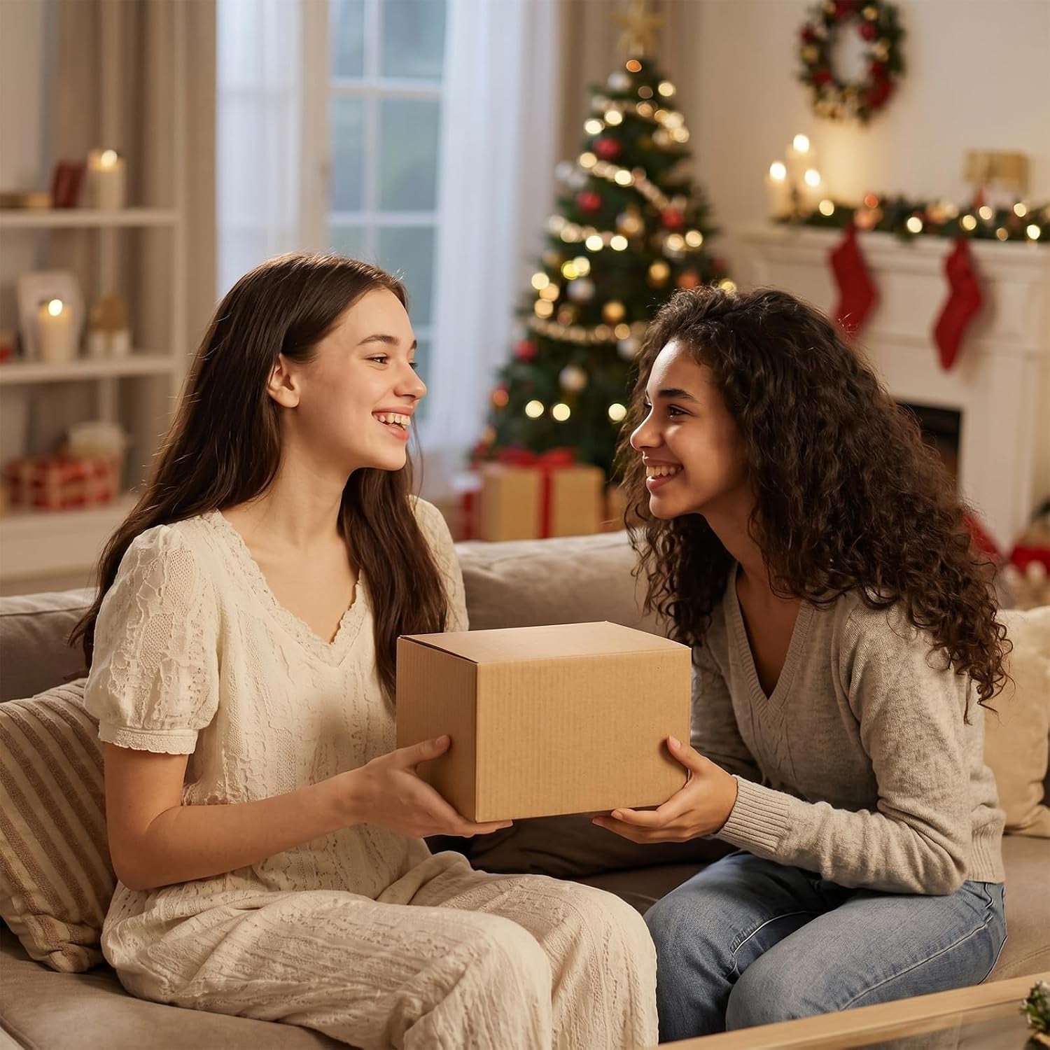 Two women exchanging a gift box on a sofa with a decorated Christmas tree blurred in the background.