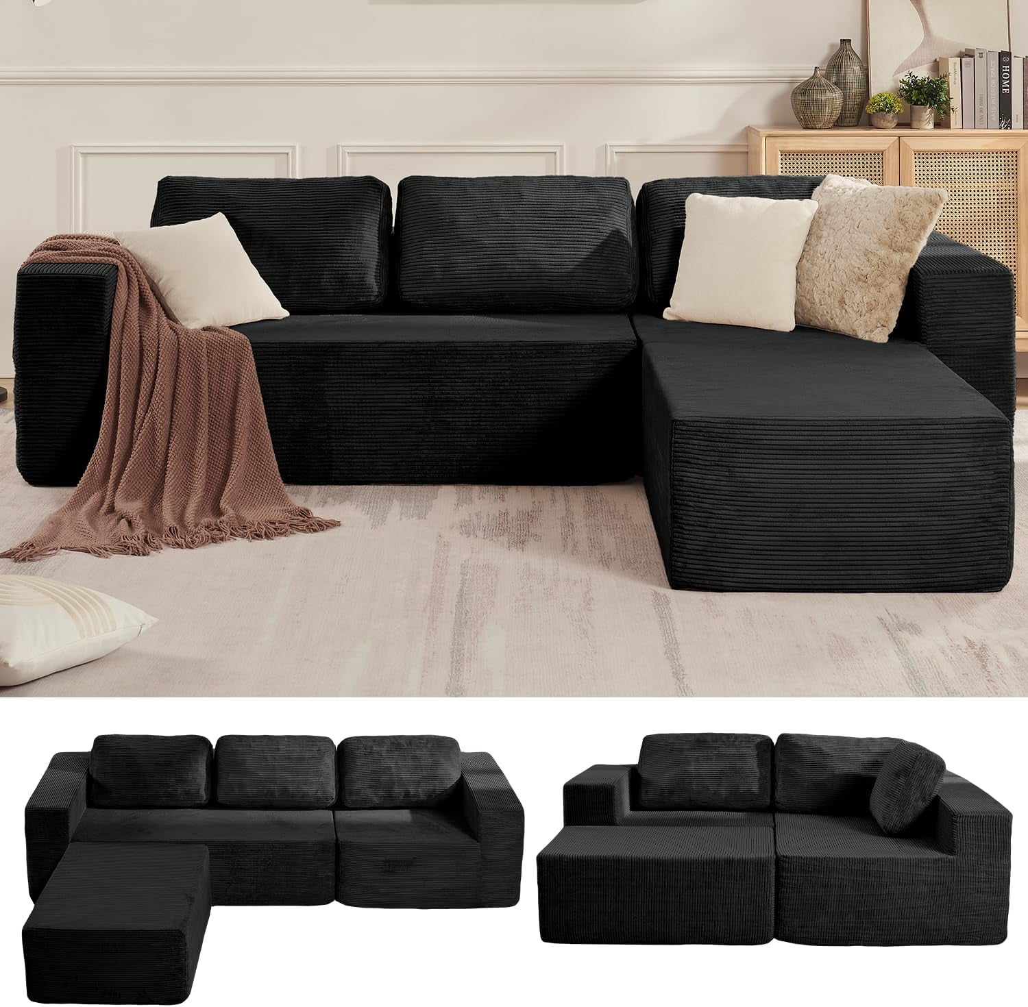 Charcoal L-shaped modular sectional with chaise plus two smaller photos showing alternate configurations