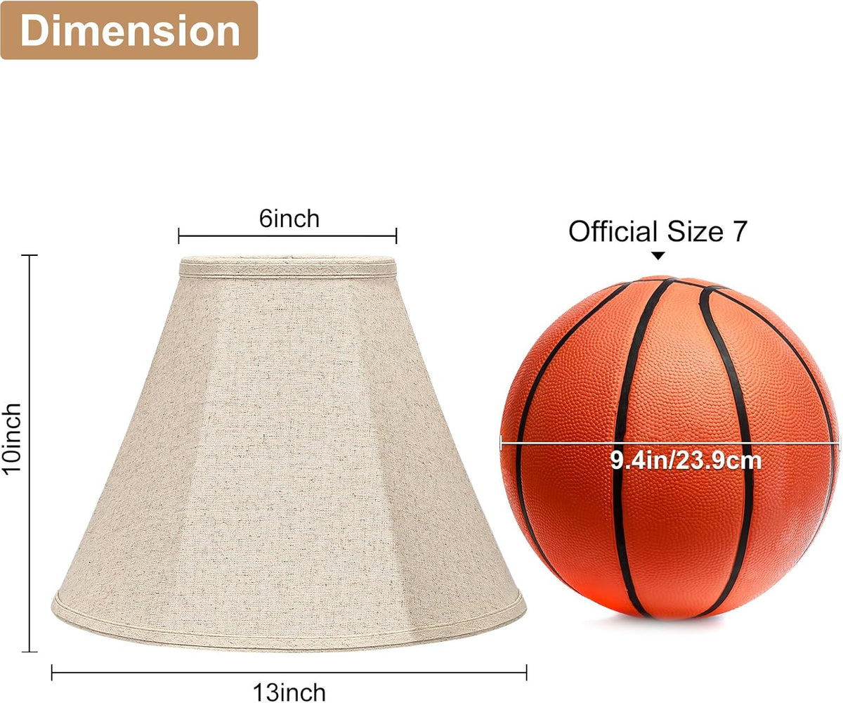 Bell lampshade with dimension callouts showing 6in top, 13in bottom and 10in height beside a basketball