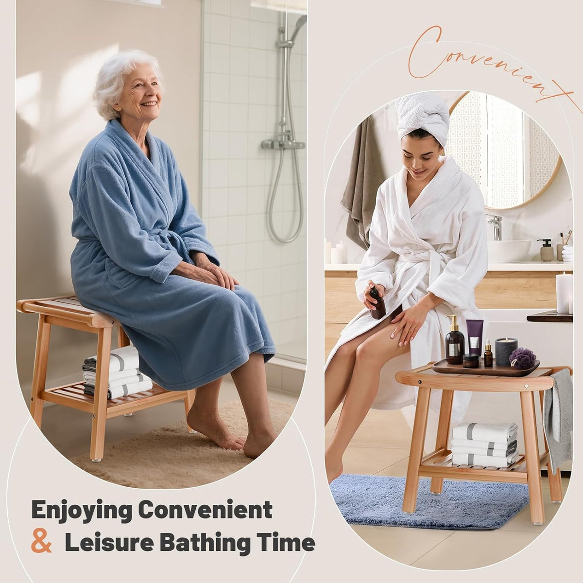 Two-panel lifestyle: elderly woman sitting on the bamboo shower bench in a shower and a second panel showing a woman using a
