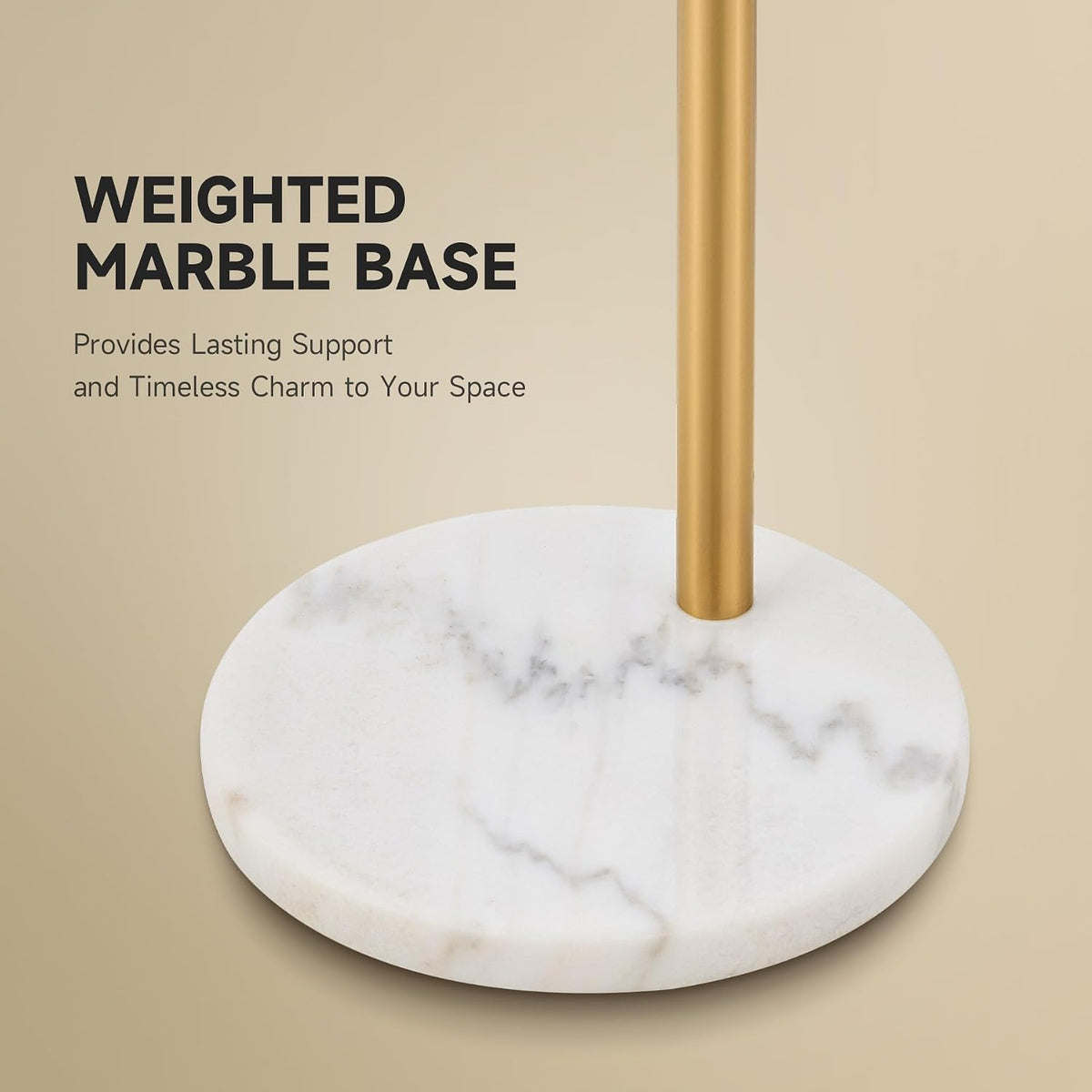 Top-down close-up of the round white marble base with the gold stem inserted