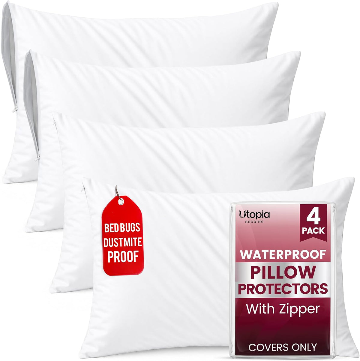 Stacked white zippered pillow protectors with packaging insert visible at front, front-facing view