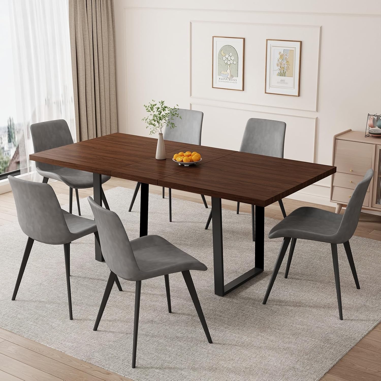 ZckyCine 70.8" Dining Table with 6 PU Leather Chairs, 7-Piece Modern Dining Set, Sturdy Metal Legs, gallery view 10