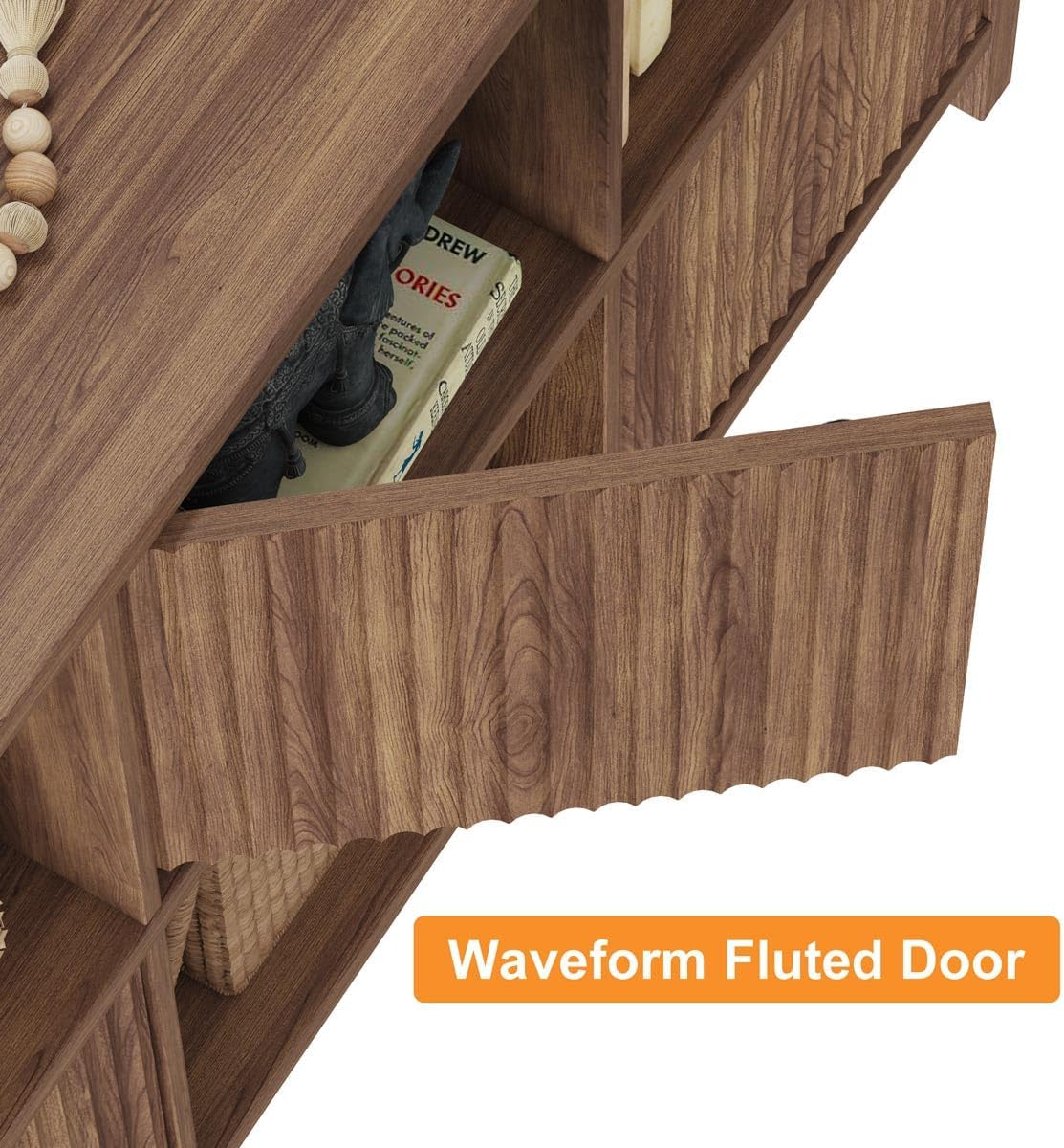 Close-up of a waveform fluted door panel partially open showing wood grain texture and push-to-open detail