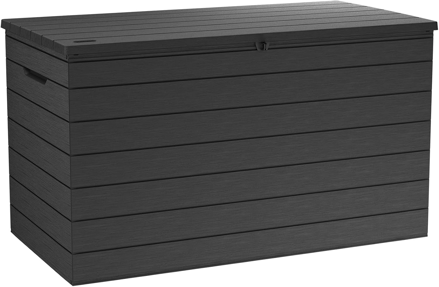 Dark gray horizontal‑slat resin storage box shown straight on against a white background.