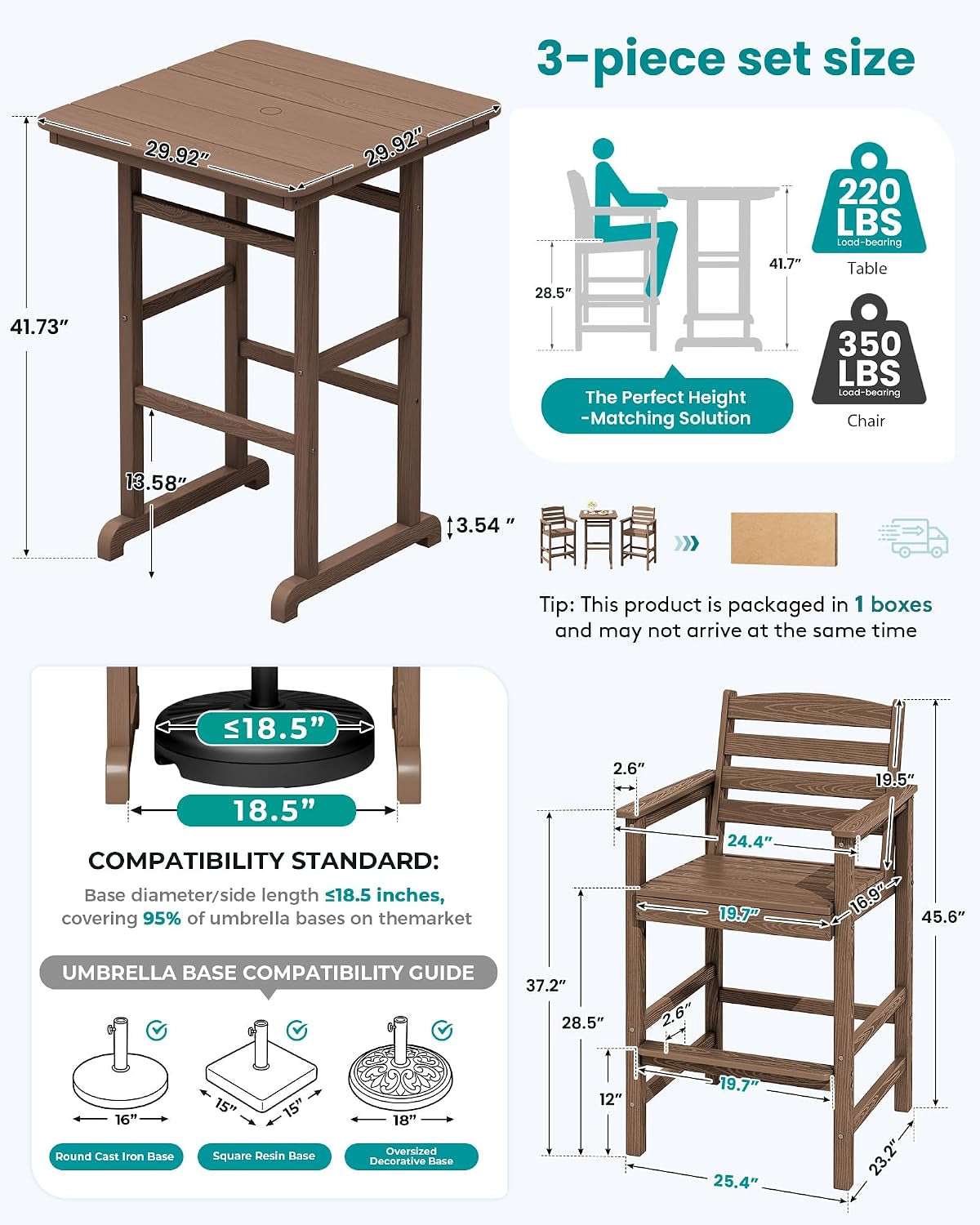 Technical diagram showing measured dimensions for the bar table and chair and an umbrella base compatibility guide
